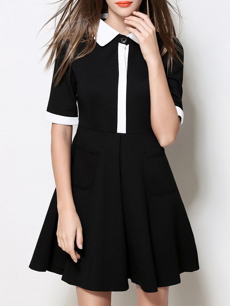

Contrasting Collar Fit and Flare Dress, Black
