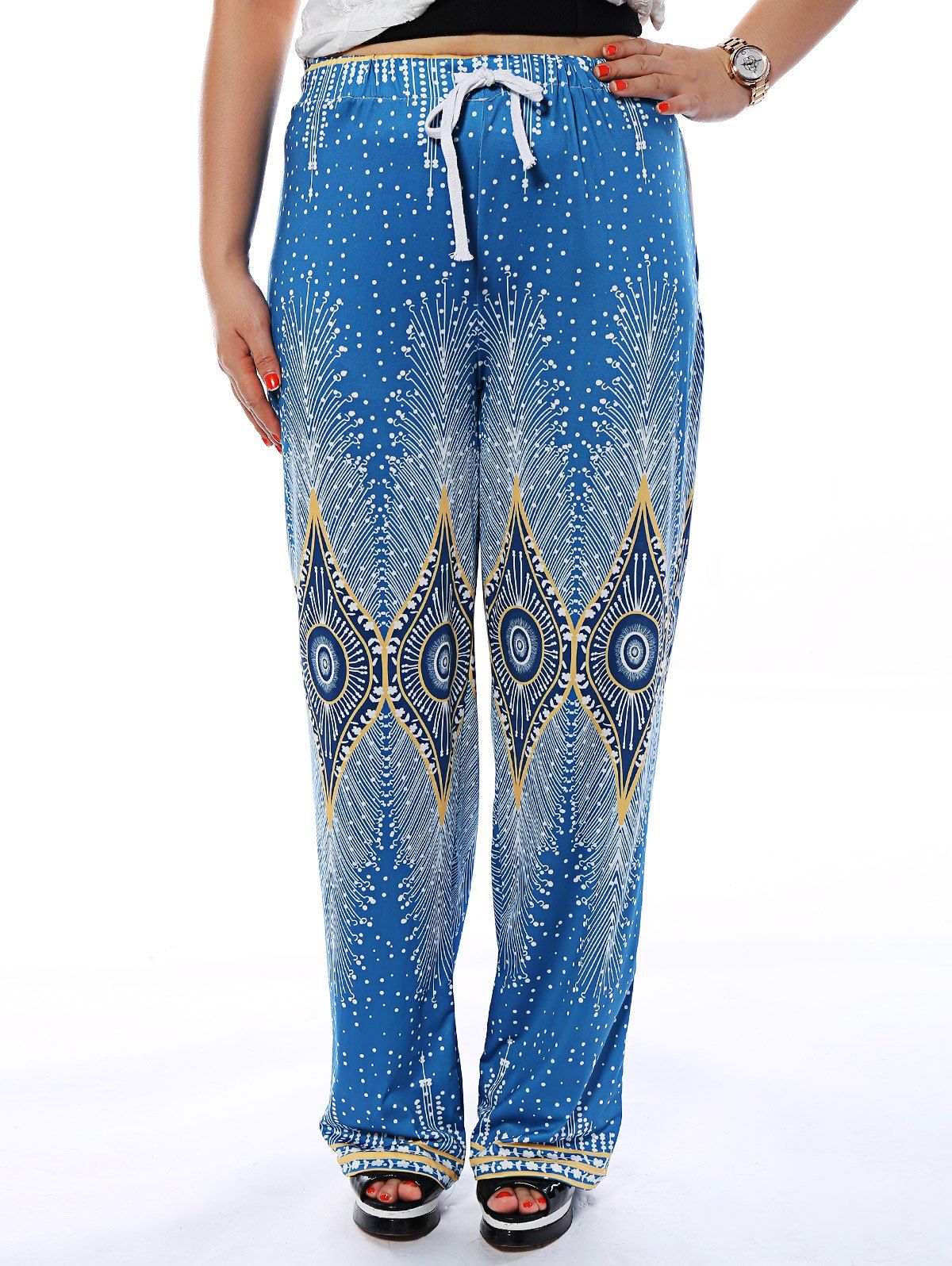 [41% OFF] 2021 Drawstring Printed Flowy Loose Pants In LAKE BLUE ...