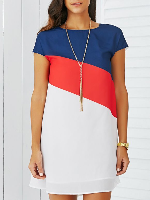 Cape couleur manches robe en mousseline de bloc - Rouge et blanc et bleu L
