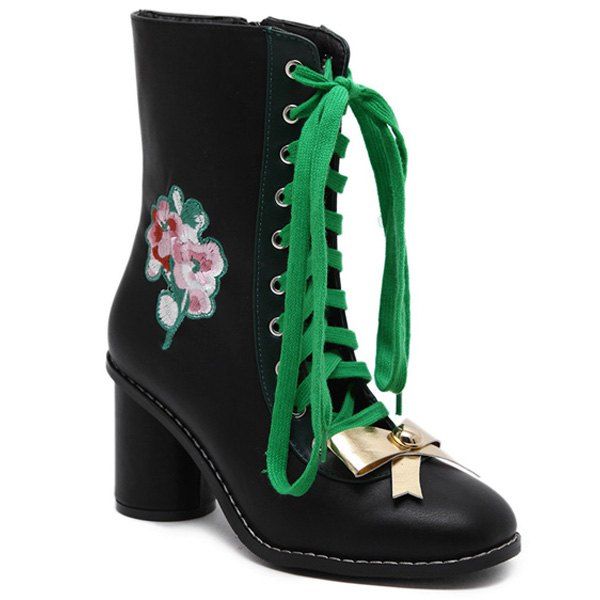 

Floral Embroidery Metallic Bow Lace-Up Short Boots, Black