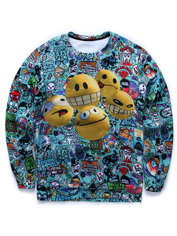 

Round Neck Long Sleeve 3D Cartoon Smile Face Print Sweatshirt, Blue