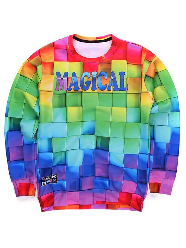 

Round Neck Long Sleeve 3D Colorful Cube Print Sweatshirt, Colormix