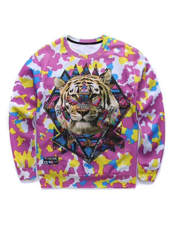 

Round Neck Long Sleeve 3D Colorful Camo and Tiger Print Sweatshirt, Colormix
