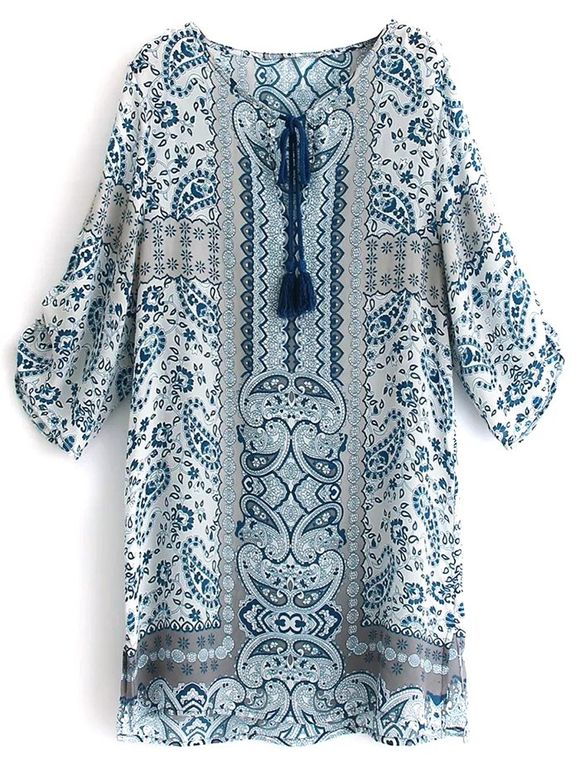 Robe tunique bohémienne droite imprimée frangée - multicolore S