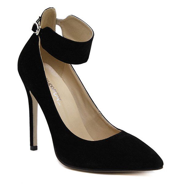 

Pointed Toe Flock Ankle Strap Pumps, Black