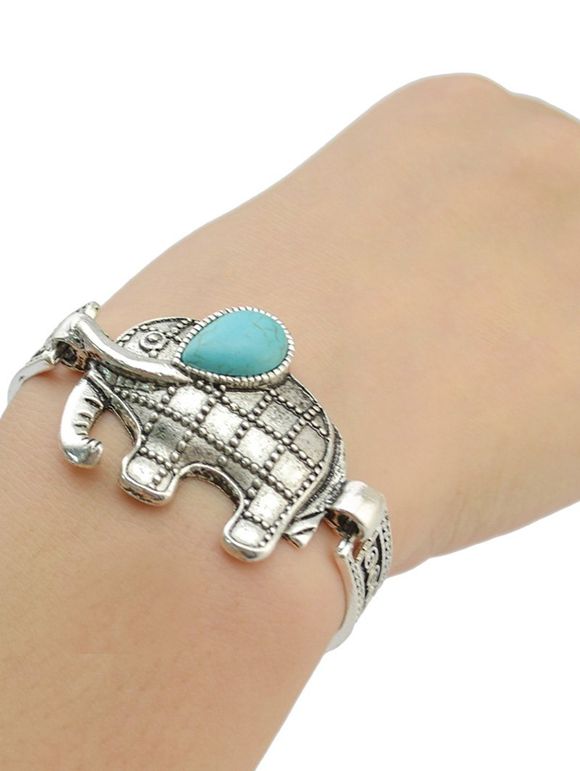 Faux Turquoise Gravé Elephant Bracelet - Argent 