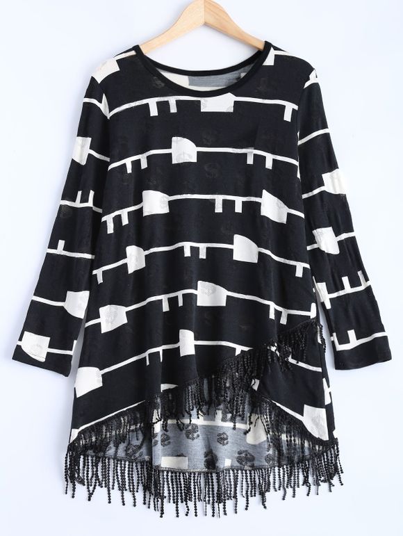 Motif géométrique asymétrique frangée Sweater Dress - Noir ONE SIZE