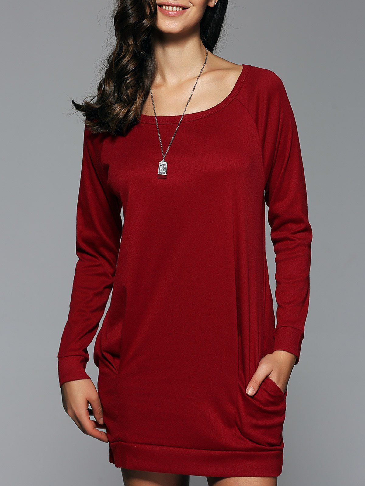 

Long Sleeves Pocket Design Dress, Wine red