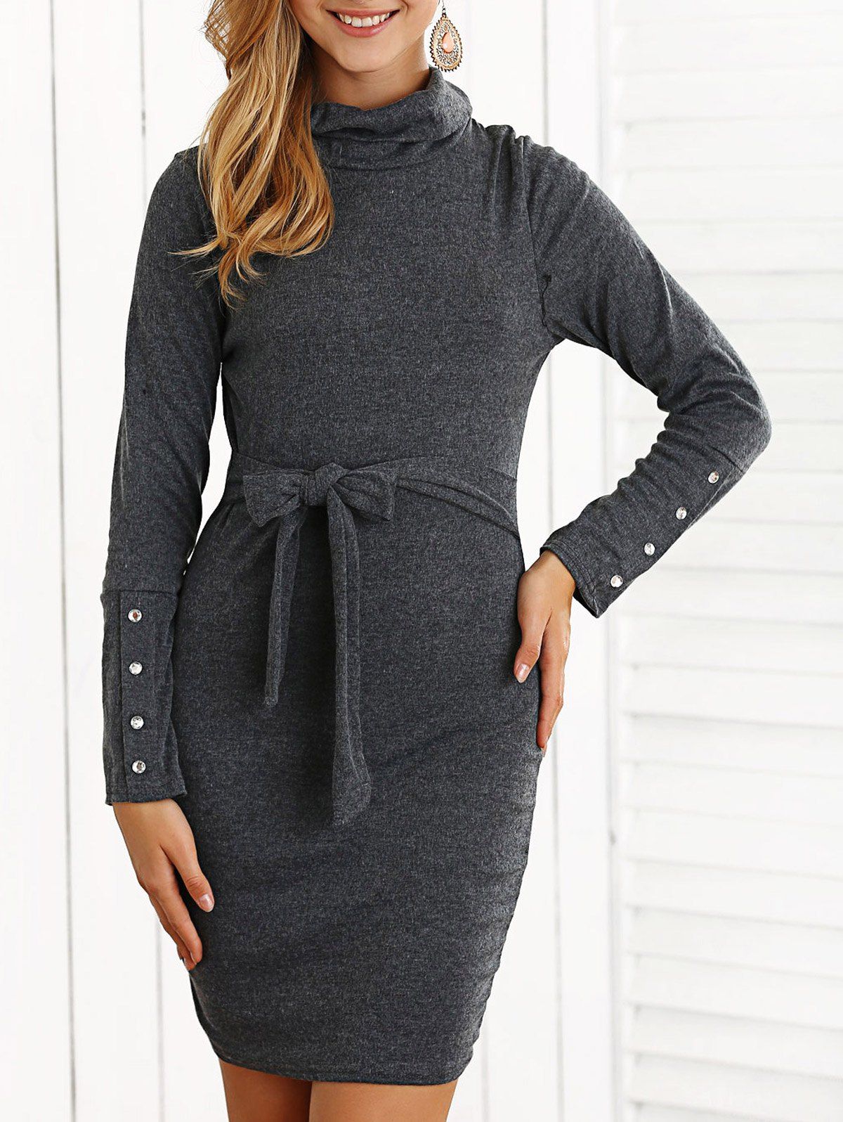 

Tied Belt Heathered Crystal Embellished Dress, Gray