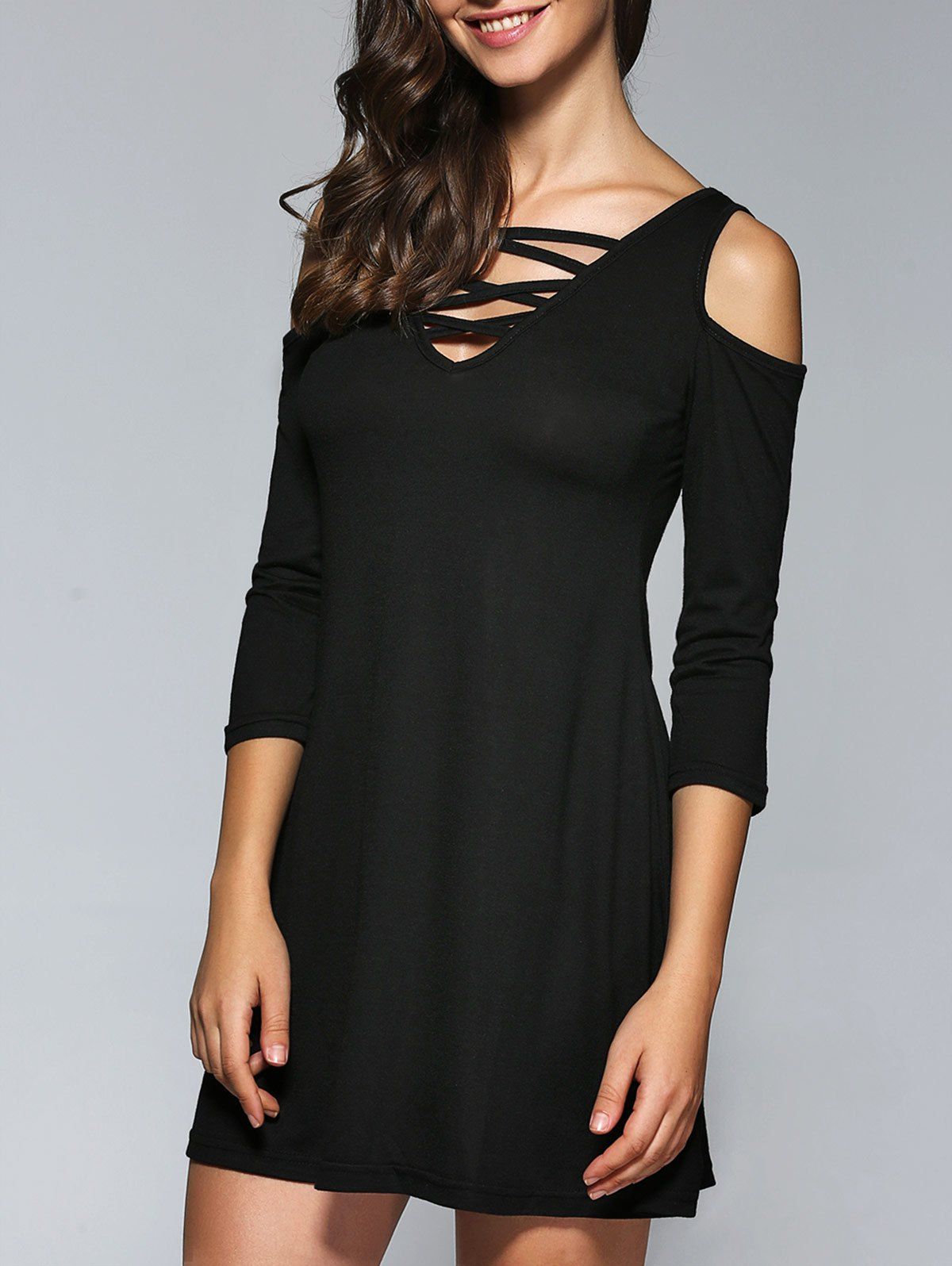 criss cross cold shoulder fit and flare dress black xl in club dresses dresslily criss cross cold shoulder fit and flare dress black xl in club dresses dresslily