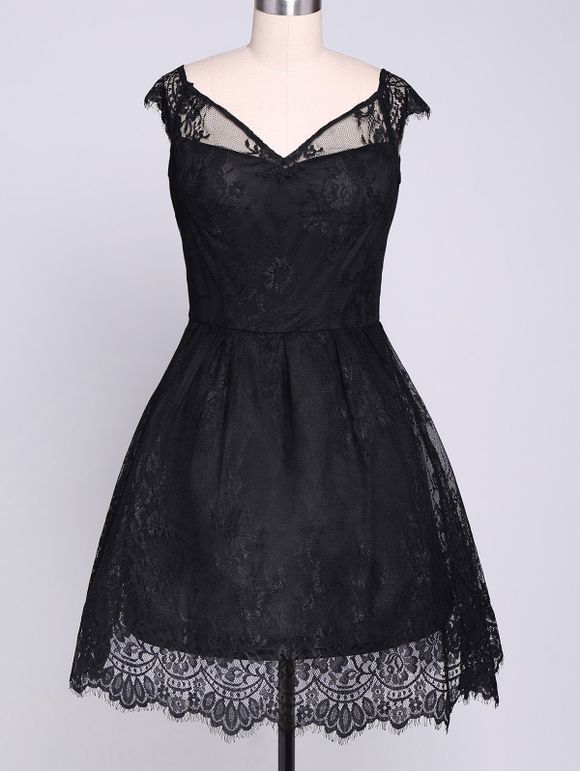 V Neck Lace Spliced ​​Mini Une robe de ligne - Noir S