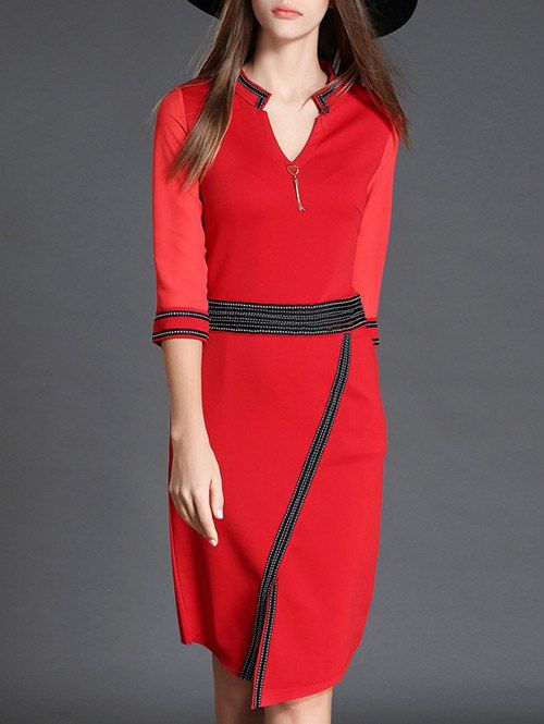 

V Neck 3/4 Sleeve Slit Color Block Bodycon Dress, Red