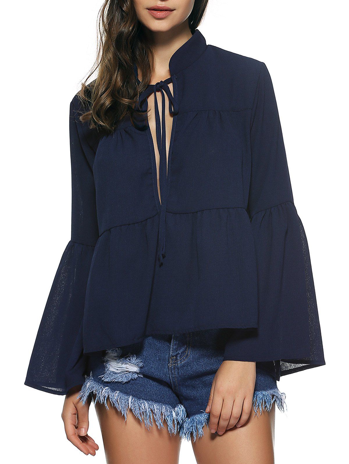 Bell Sleeves Lace Up Flounce Blouse - DEEP BLUE S
