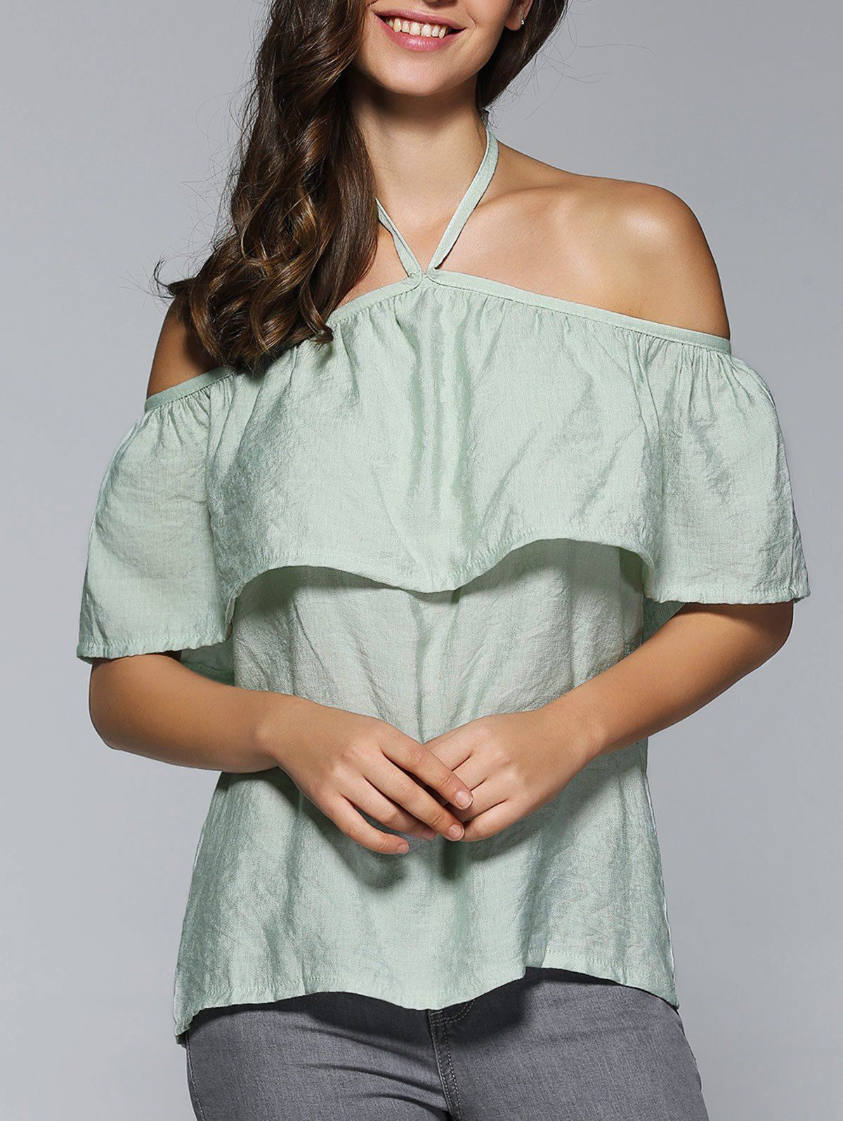 

Halter Neck Overlay Backless Blouse, Light green