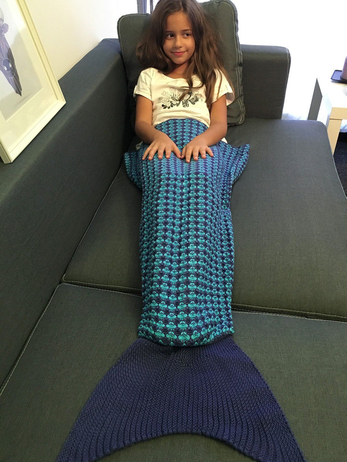 

Crochet Knitting Stripe Pattern Kid's Fish Tail Design Blanket, Deep blue