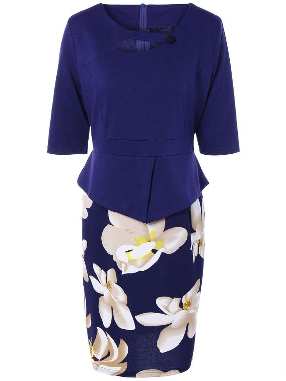 Robe de Bureau Fourreau Fleurie Jointive à Demi-Manches - Bleu Violet 4XL