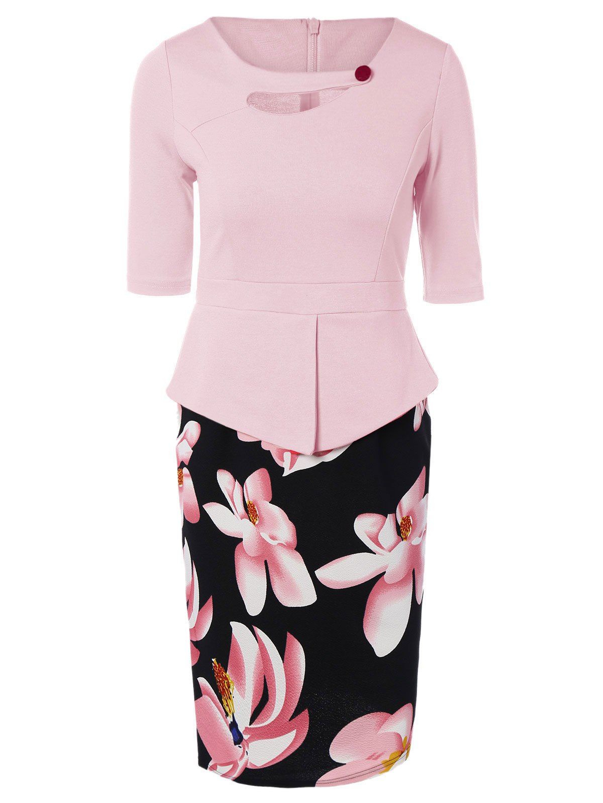 

Half Sleeve Floral Print Spliced Sheath Dress, Pink