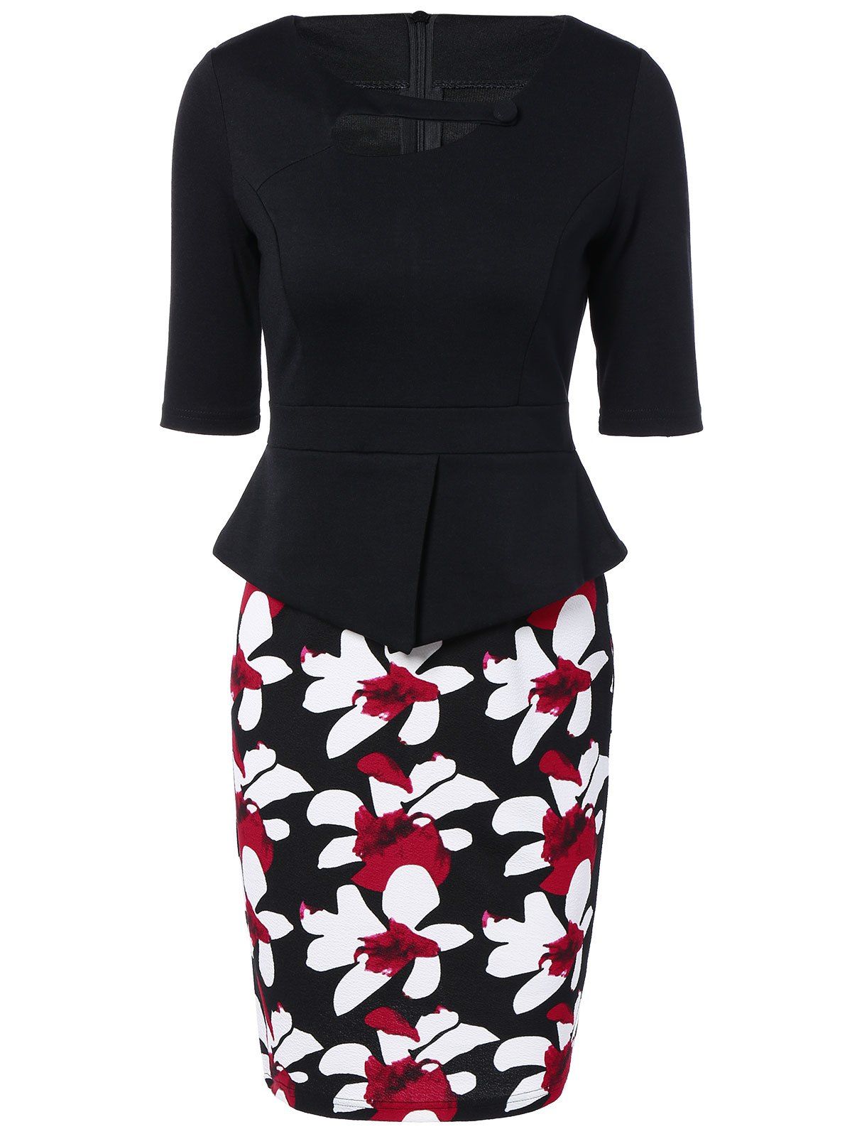 

Half Sleeve Floral Print Spliced Sheath Dress, Black