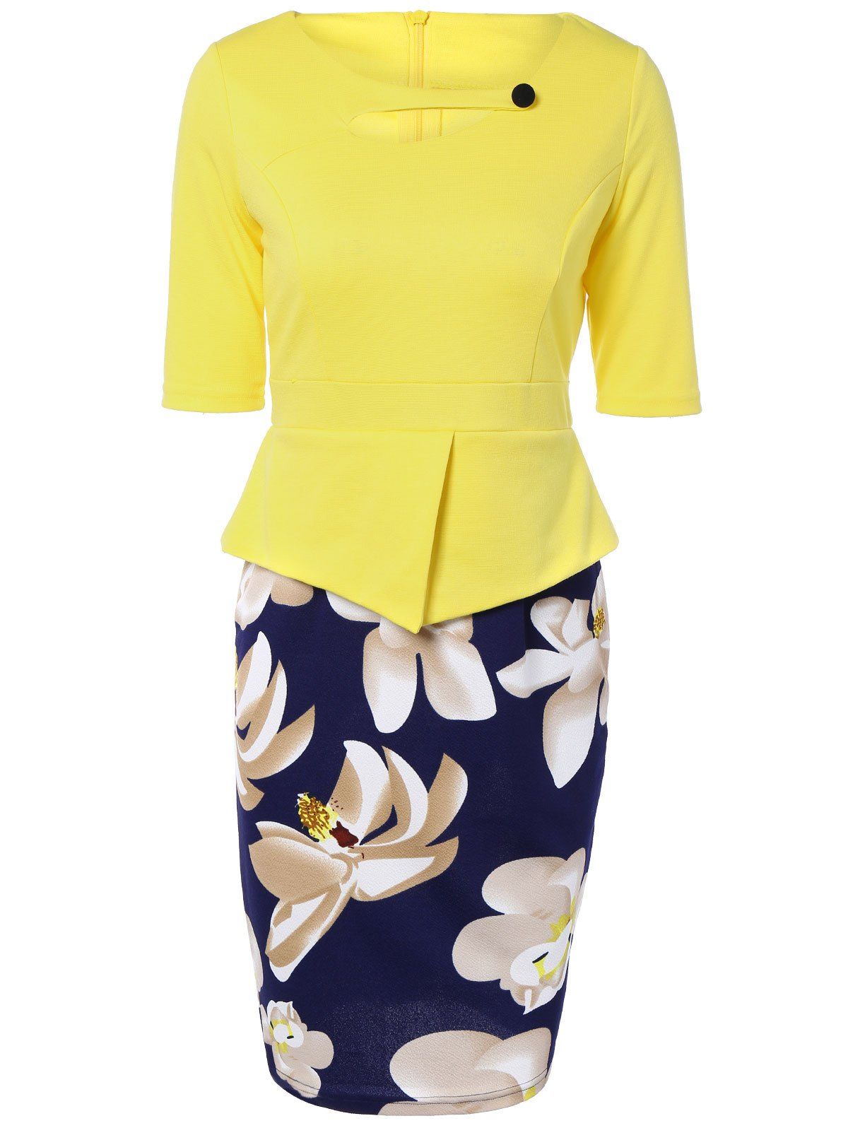 

Half Sleeve Floral Print Spliced Sheath Dress, Yellow