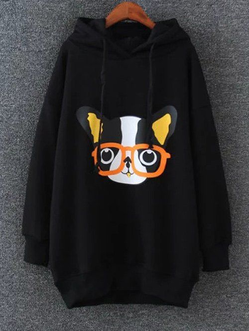 

Animal Print Drop Shoulder Long Hoodie, Black