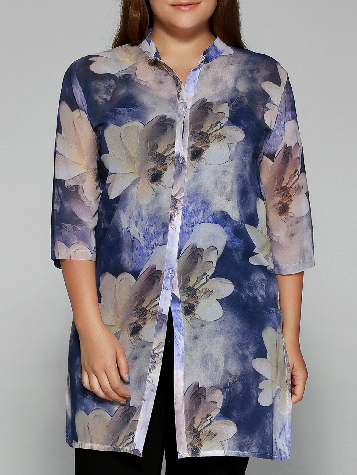 

Floral Print Tie-Dyed Chiffon Blouse, Blue