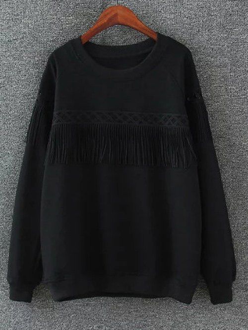 

Fringed Raglan Sleeve Sweatshirt, Black