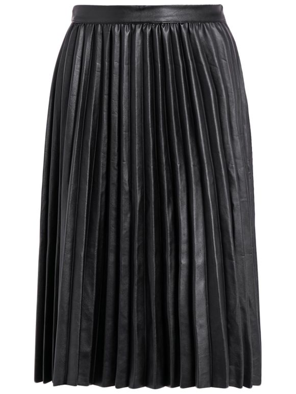 Pleated PU Leather High Waist Skirt - BLACK S