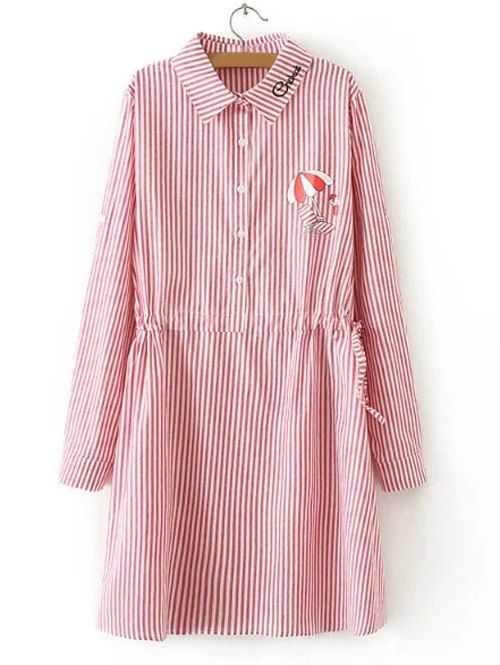 

Long Sleeve Striped Drawstring Shirt Dress, Red