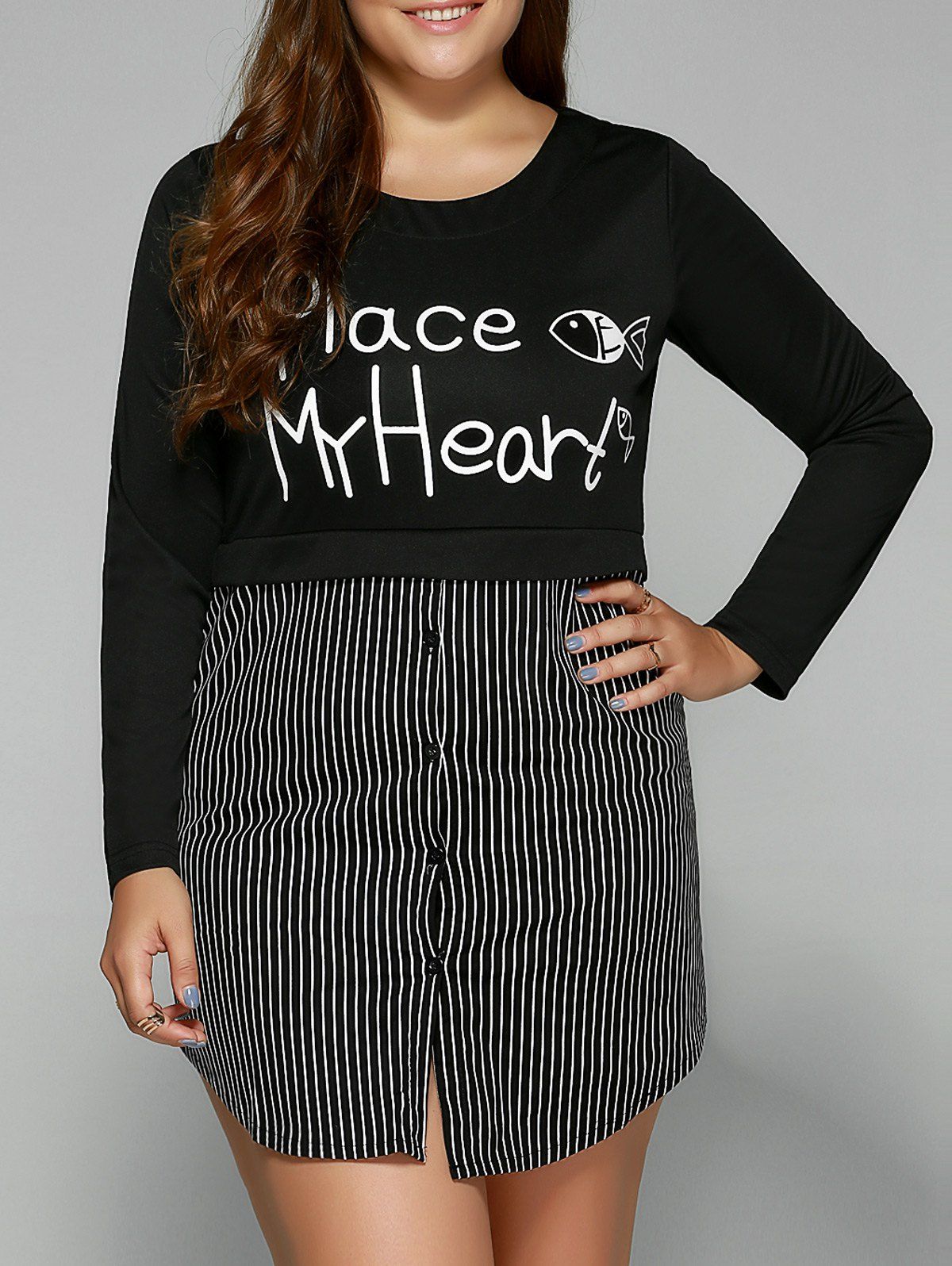 

Spliced Striped Letter Print Mini Dress, Black