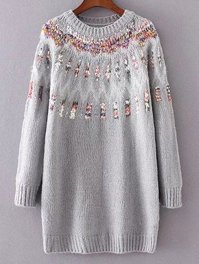 Jacquard Knit Long Sleeve Sweater - GRAY ONE SIZE
