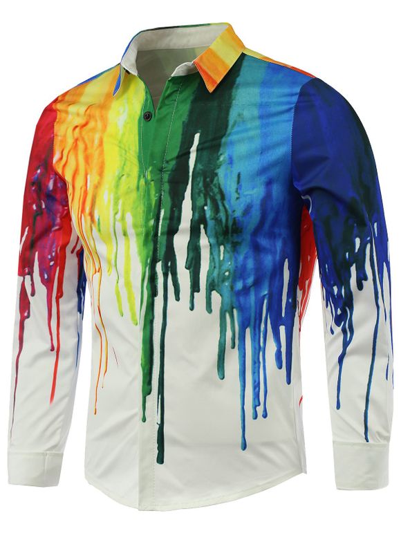Chemise à Imprimé de Goutte de Peinture Colorée avec Bouton Frontal Caché - Blanc XL