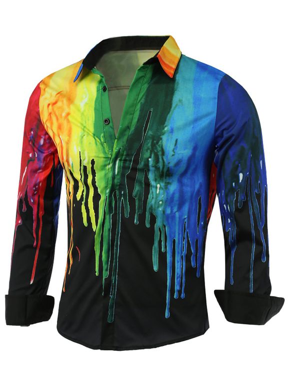 Chemise à Imprimé de Goutte de Peinture Colorée avec Bouton Frontal Caché - Noir M