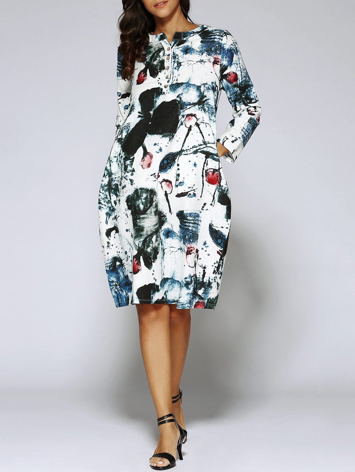 

Chinese Style Painting Long Sleeve Tunic Linen Dress with Pockets, Black blue