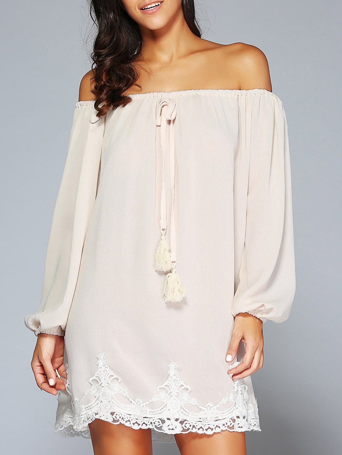 

Off The Shoulder Patched Long Sleeve Cream Casual Dress, Apricot