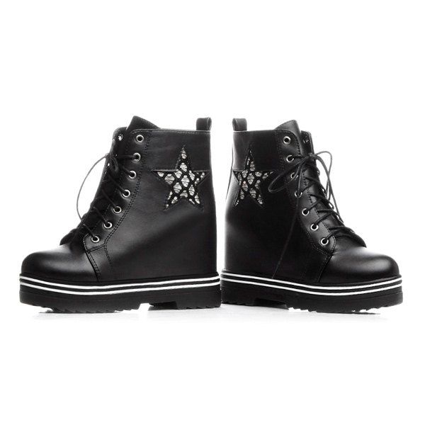 

Star Embroidered Tie Up Wedge Ankle Boots, Black