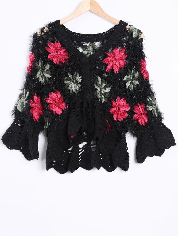 Floral Crochet ajouré col V Cardigan - Noir ONE SIZE