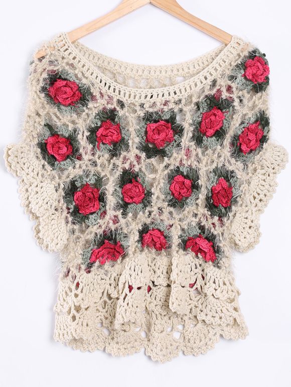 Festonné Rose Main Crochet Sheer Cropped Sweater - Blanc Cassé ONE SIZE