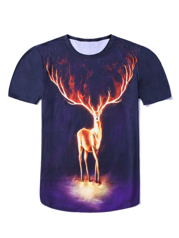 T-shirt Pour Homme à Imprimé Renne Flamme et Ciel étoilé 3D à Manches Courtes à Col Rond - multicolore 2XL