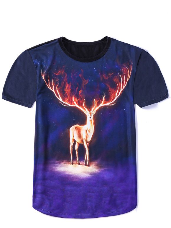 T-shirt Homme Imprimé Renne Flamme et Ciel étoilé à Col Rond à Manches Courtes - multicolore M