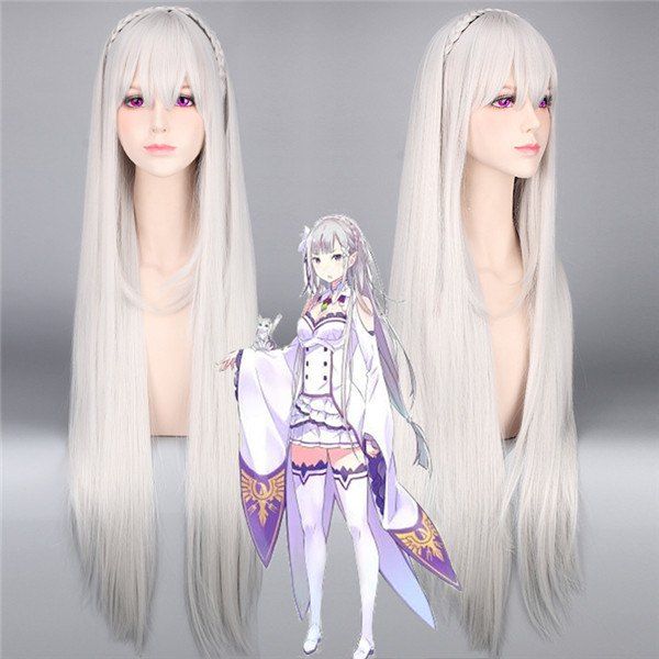 

ReZero Emilia Extra Long Silky Straight Synthetic Cosplay Wig With Braided, Silver white