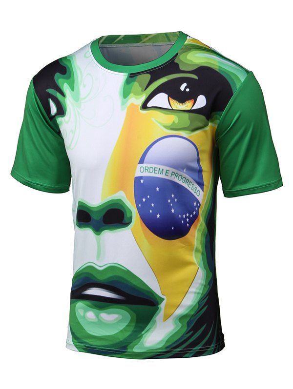 

Short Sleeve 3D Brazil Figure and Football Print T-Shirt, Green