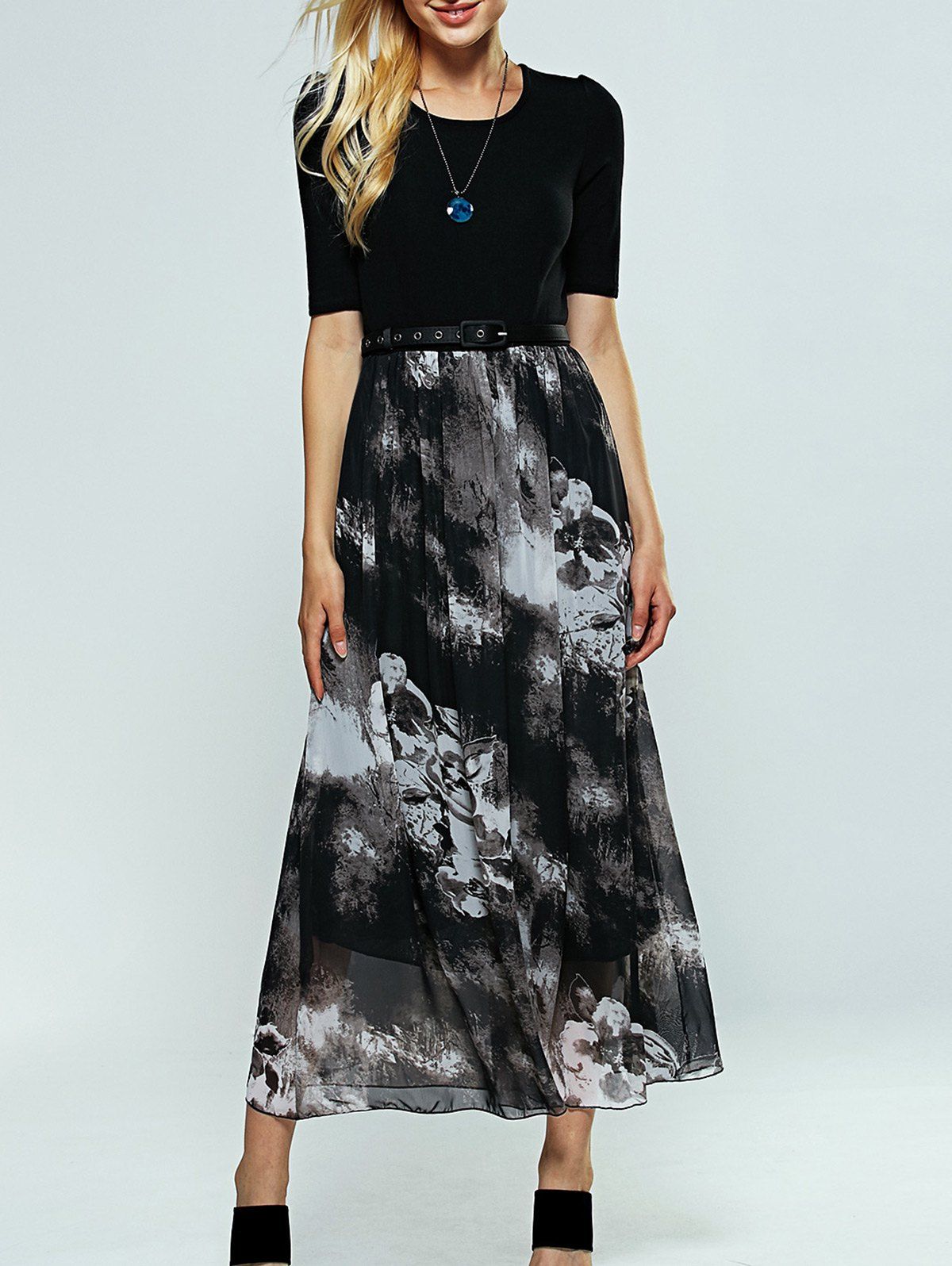 

Ink Print Belted Maxi Dress, Black
