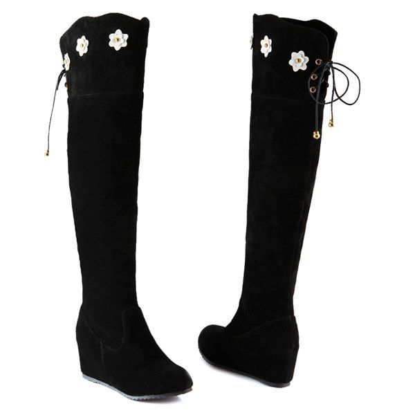 2018 Tie Up Floral Wedge Suede Knee Length Boots BLACK In Boots Online Store. Best Camel Ankle 