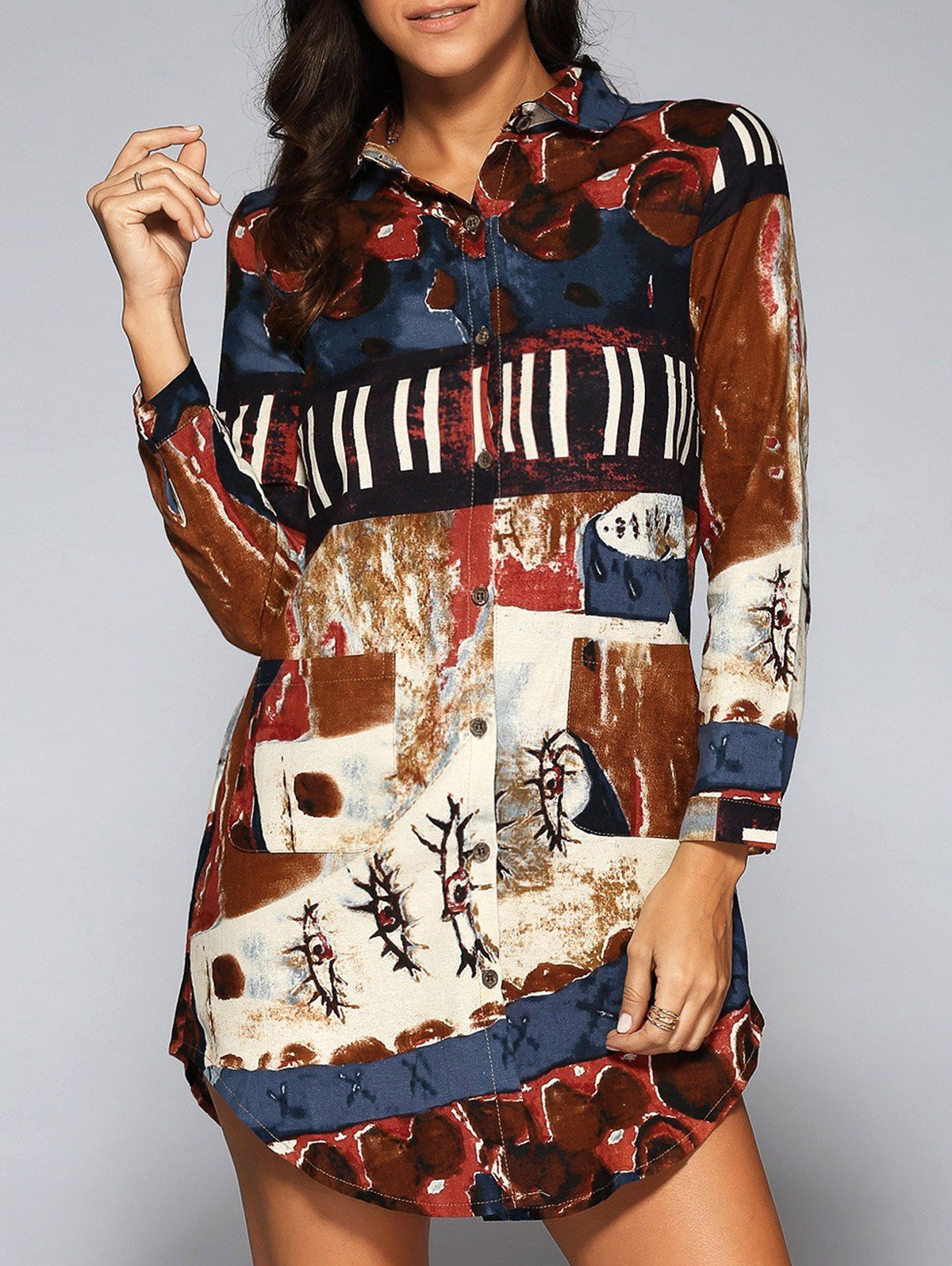 

Printed Long Sleeve Shirt Dress, Light brown