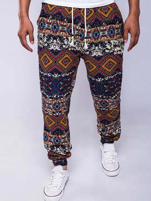 Pantalon Jogger à Corde Imprimé Géométrique Style Ethnique à Pattes Étroites - Rouge M