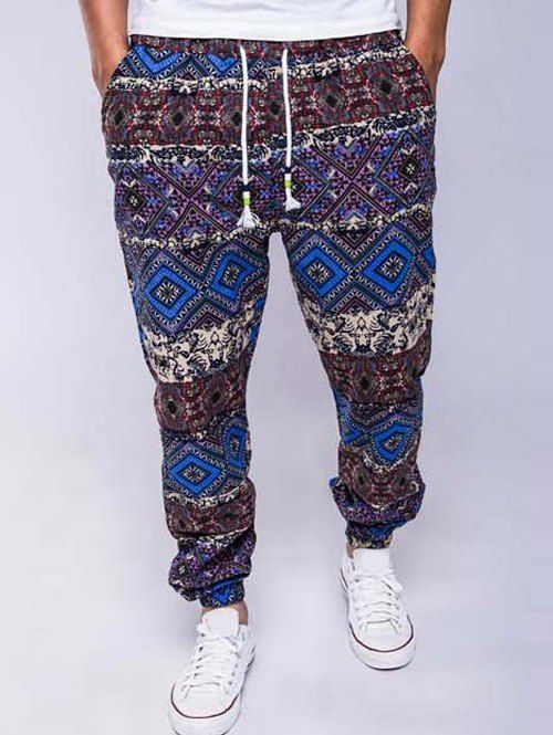 

Lace-Up Ethnic Style Geometric Print Beam Feet Jogger Pants, Blue