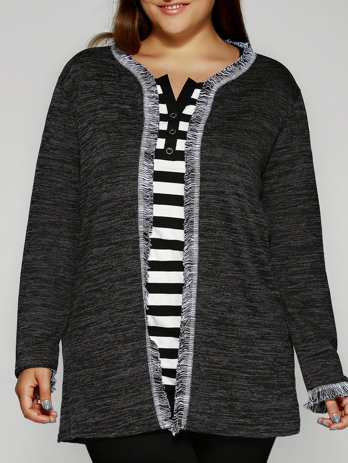 

Fringed Embellished Heathered Knitted Cardigan, Black