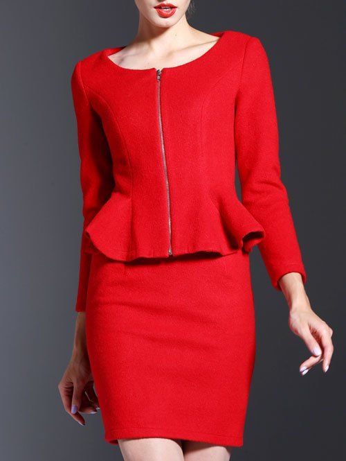 Casual manches longues gaine Two Piece Dress - Rouge L