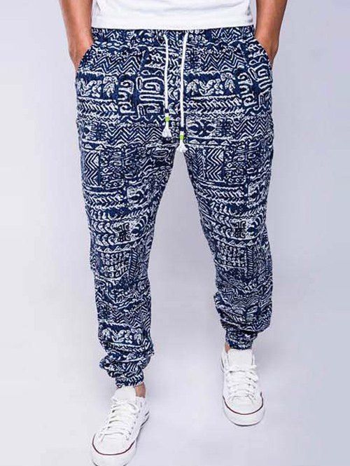 Pantalon de Jogger Lacé en Coton et Lin Imprimé Géométrique - Bleu L