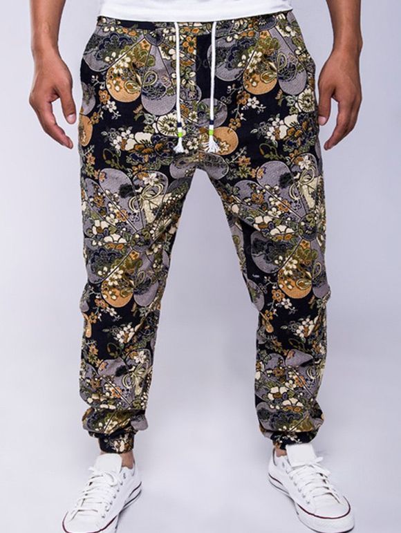Pantalon de Jogger Imprimé à Fleurs à Lacets en Coton et Lin - multicolore XL